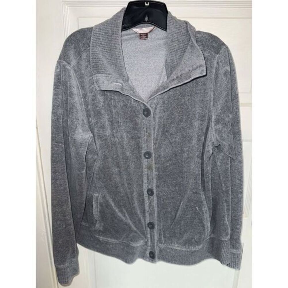 Cozy Grey Velour Button-Up Cardigan Sweater Jacket Casual White‎ Stag Size XXL